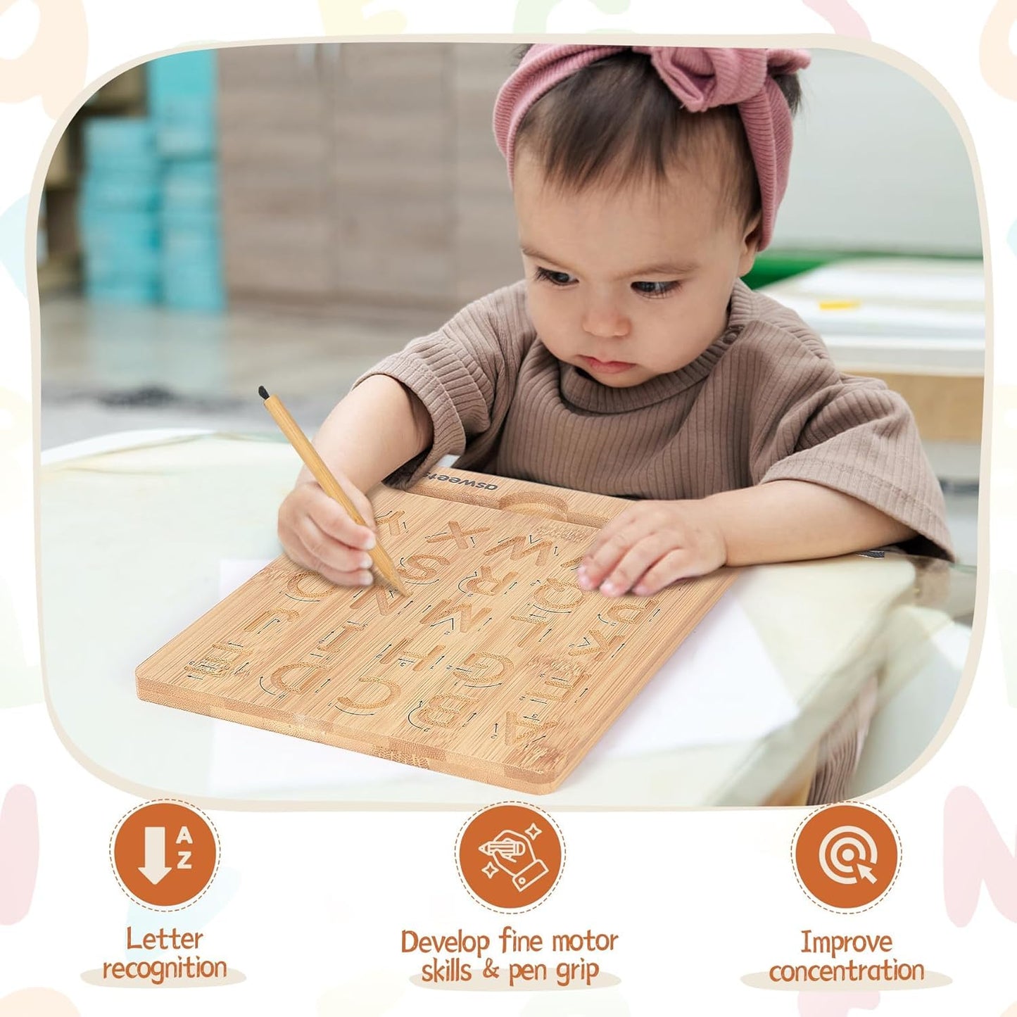 Asweets Montessori educational toy with built in storage slot for the tracing pencil
