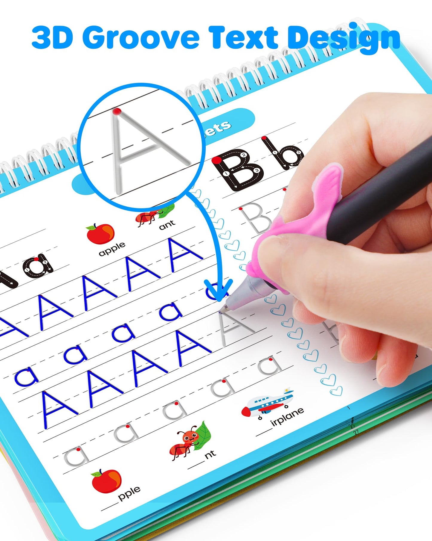 D-FantiX reusable handwriting kit displaying four copybooks with the special disappearing ink pens and refills