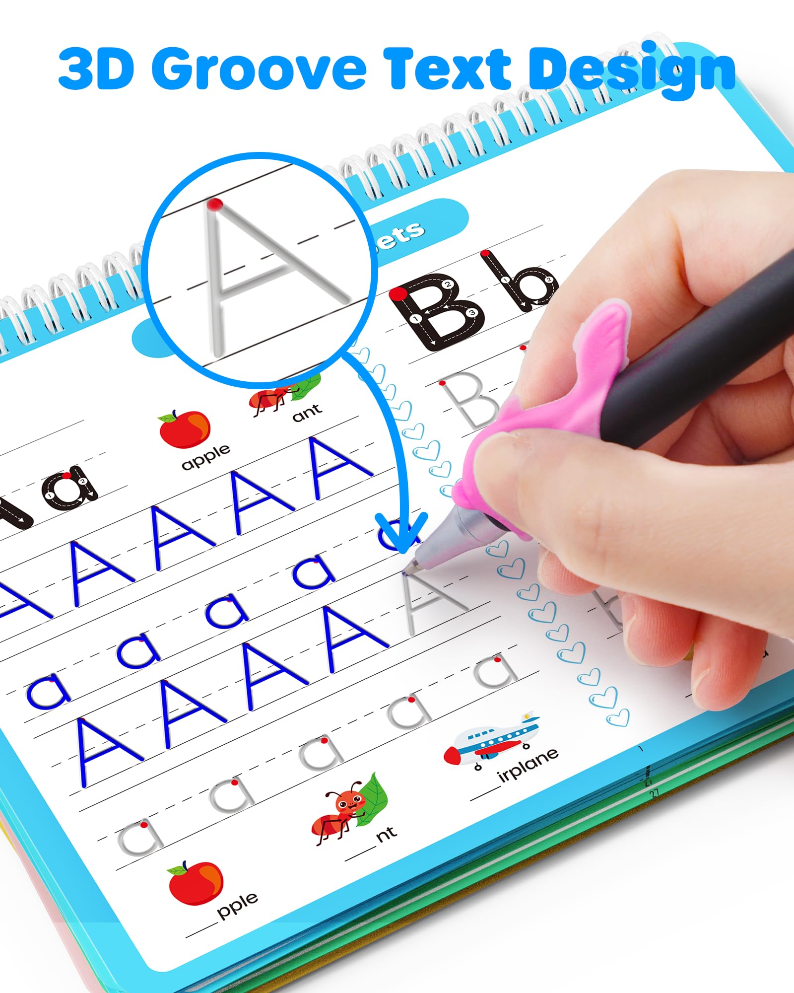D-FantiX reusable handwriting kit displaying four copybooks with the special disappearing ink pens and refills