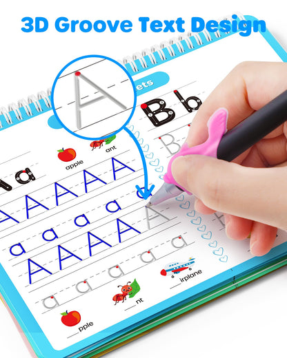 D-FantiX reusable handwriting kit displaying four copybooks with the special disappearing ink pens and refills