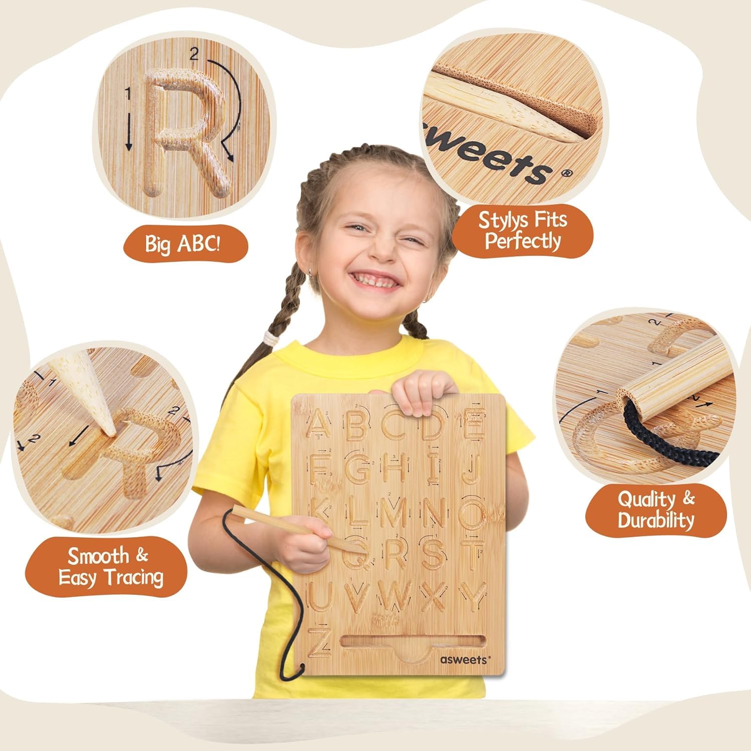 Sensory play setup using rice inside the Asweets wooden alphabet tracking board grooves