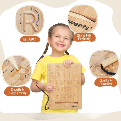 Sensory play setup using rice inside the Asweets wooden alphabet tracking board grooves