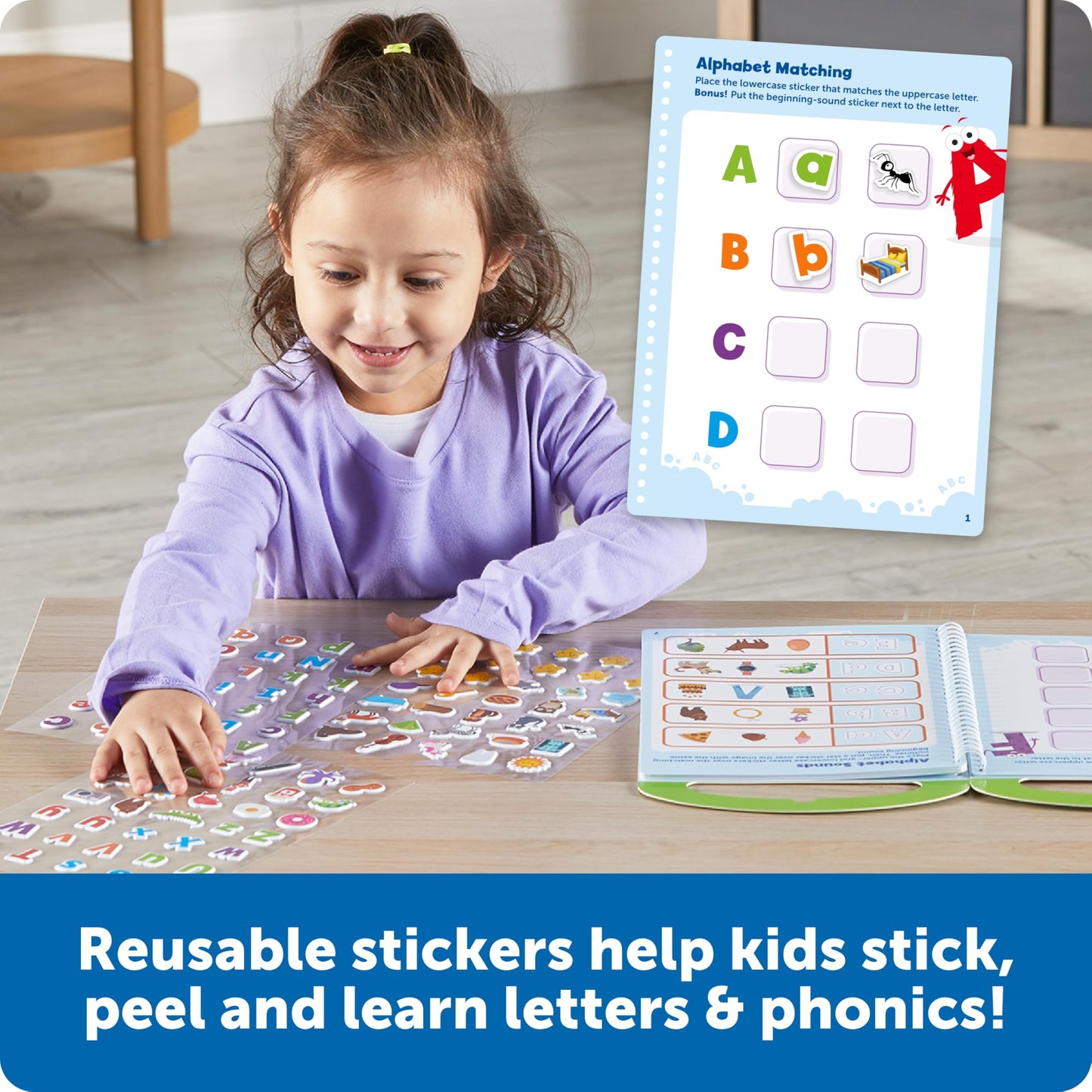 Learning Resources alphabet sticker book open displaying internal literacy activity pages and reusable puffy stickers.