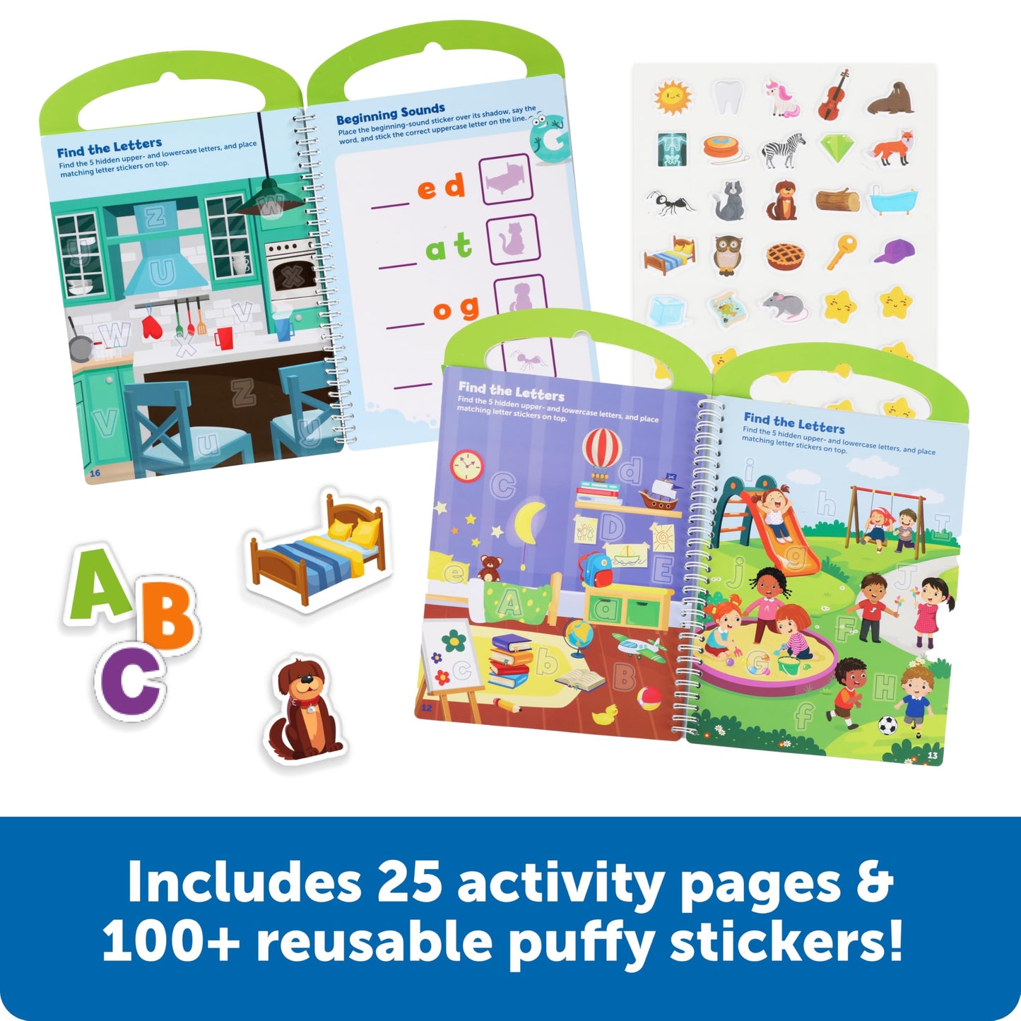 Close up view of the three dimensional reusable stickers included in the Skill Builders phonics preschool set.