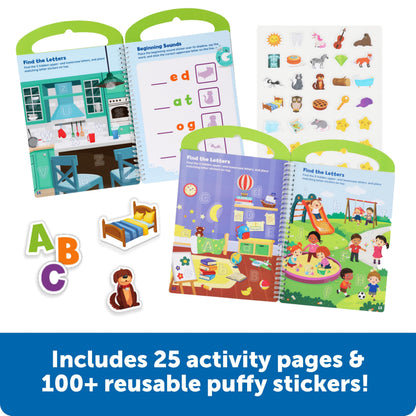 Close up view of the three dimensional reusable stickers included in the Skill Builders phonics preschool set.