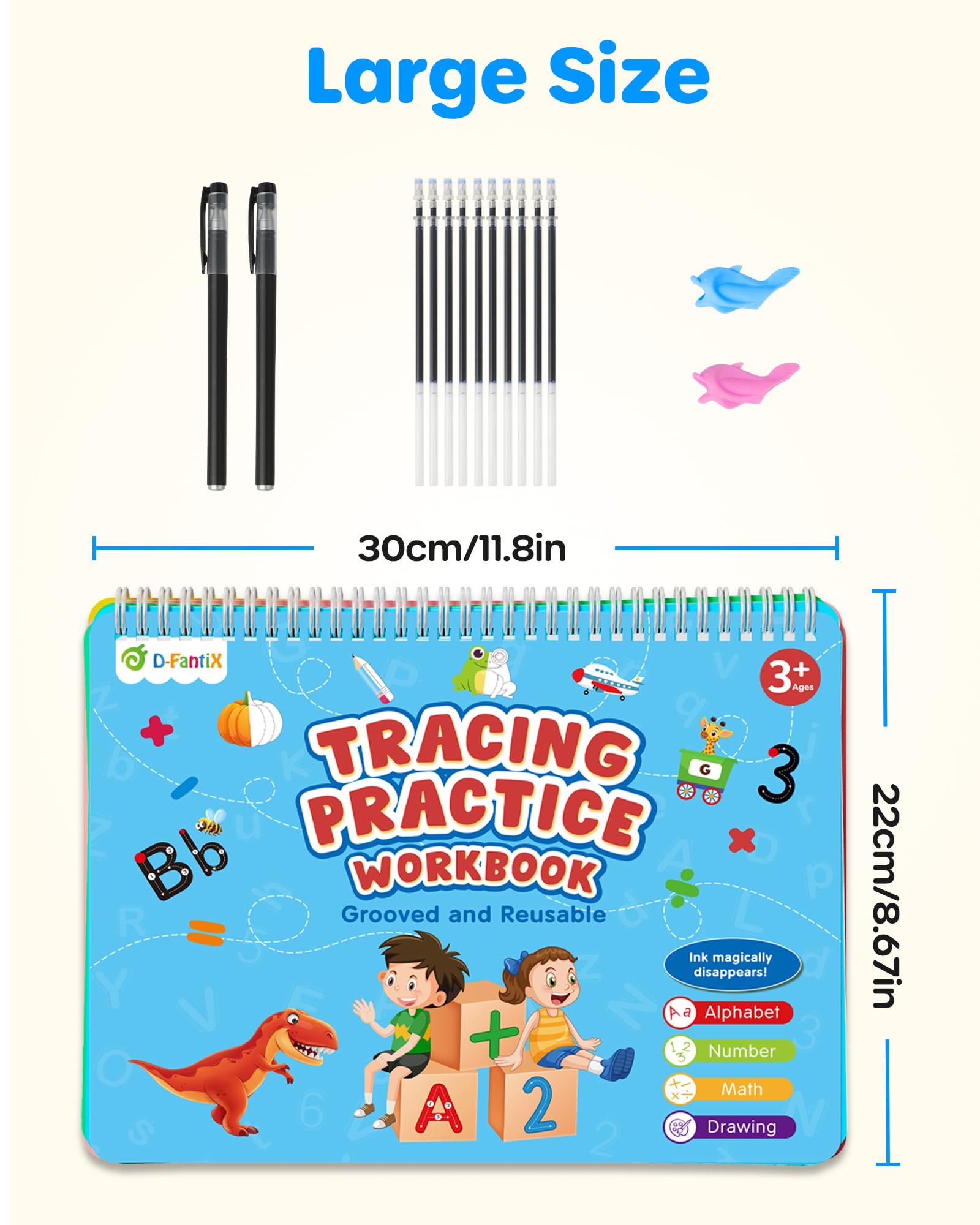 Child practicing letter formation using the large size reusable preschool learning notebook from D-FantiX