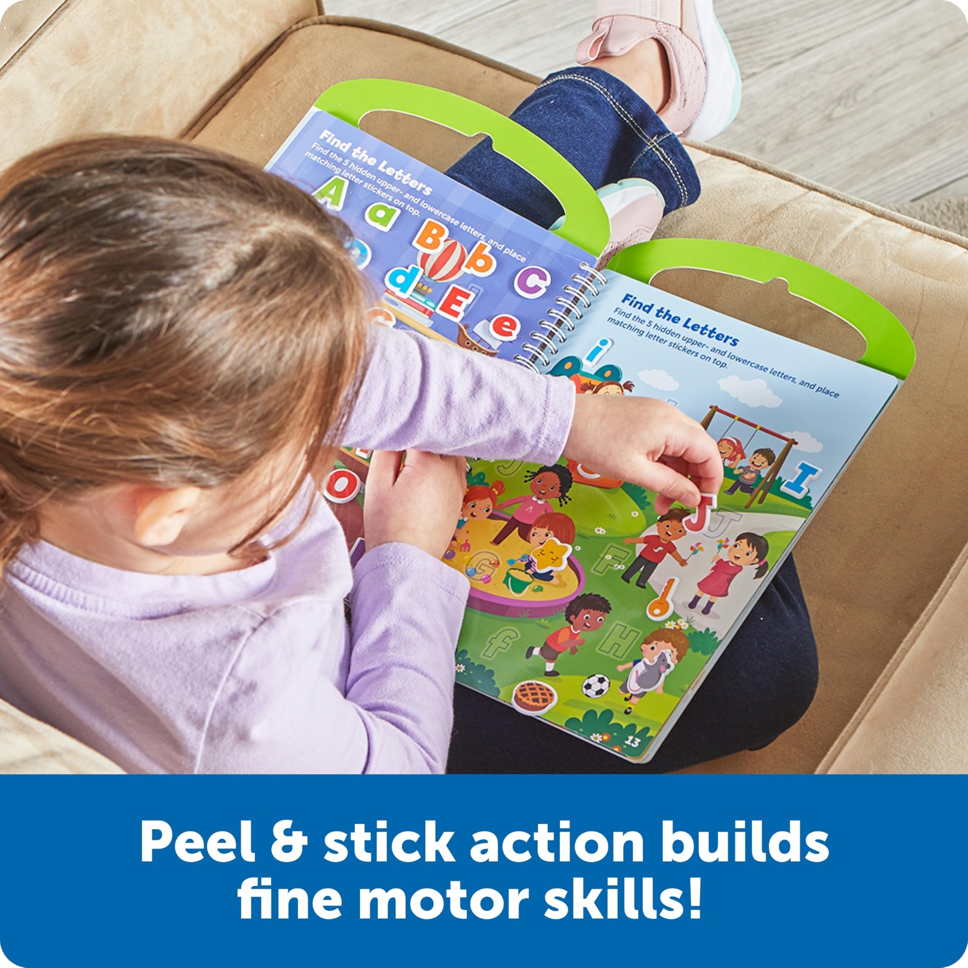 Learning Resources preschool busy book highlighting the built-in travel handle and convenient sticker storage pouch.