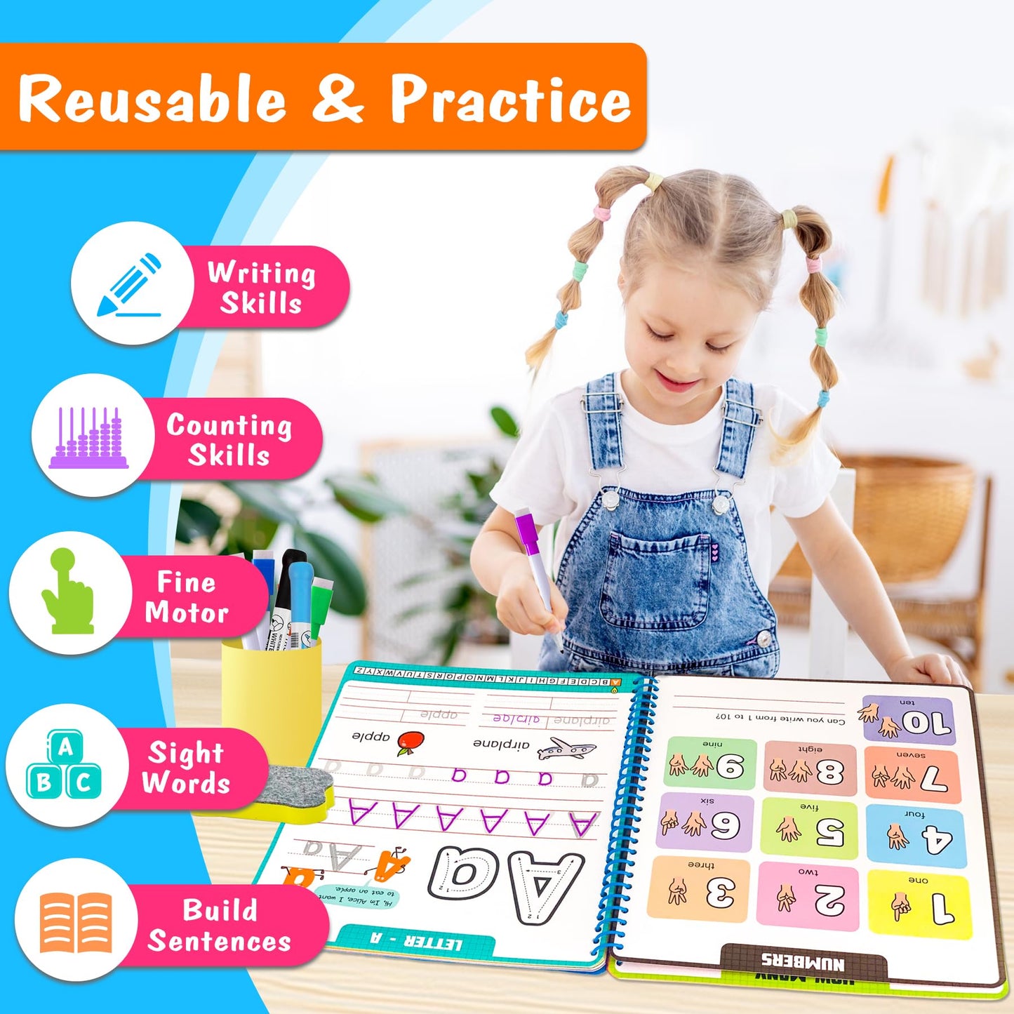 Hulupiggy reusable letter and number tracing workbook open page showing letter A guide with dry erase marker.
