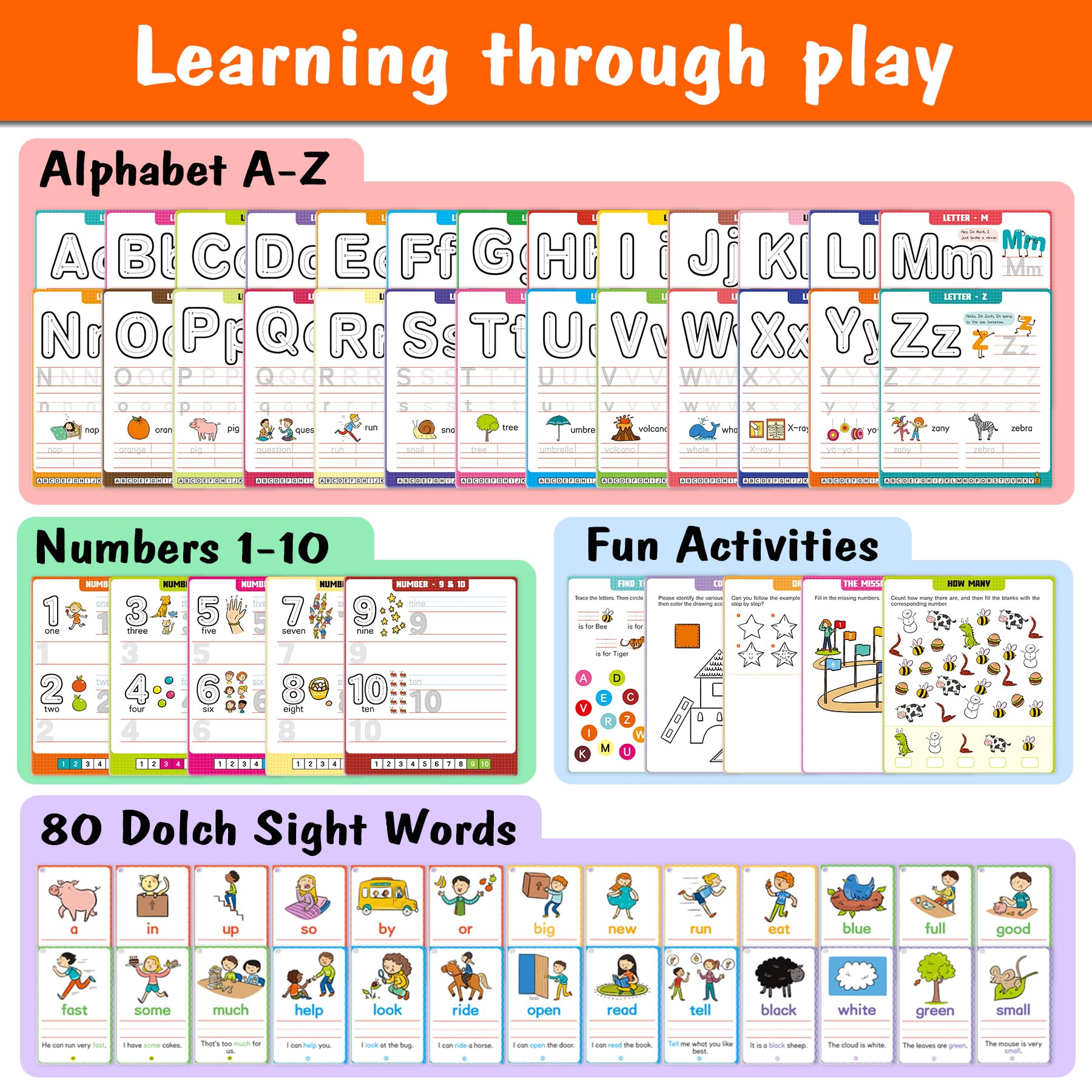 Hulupiggy alphabet and sight word interactive flashcards arranged neatly with sentence building examples.