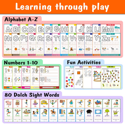 Hulupiggy alphabet and sight word interactive flashcards arranged neatly with sentence building examples.
