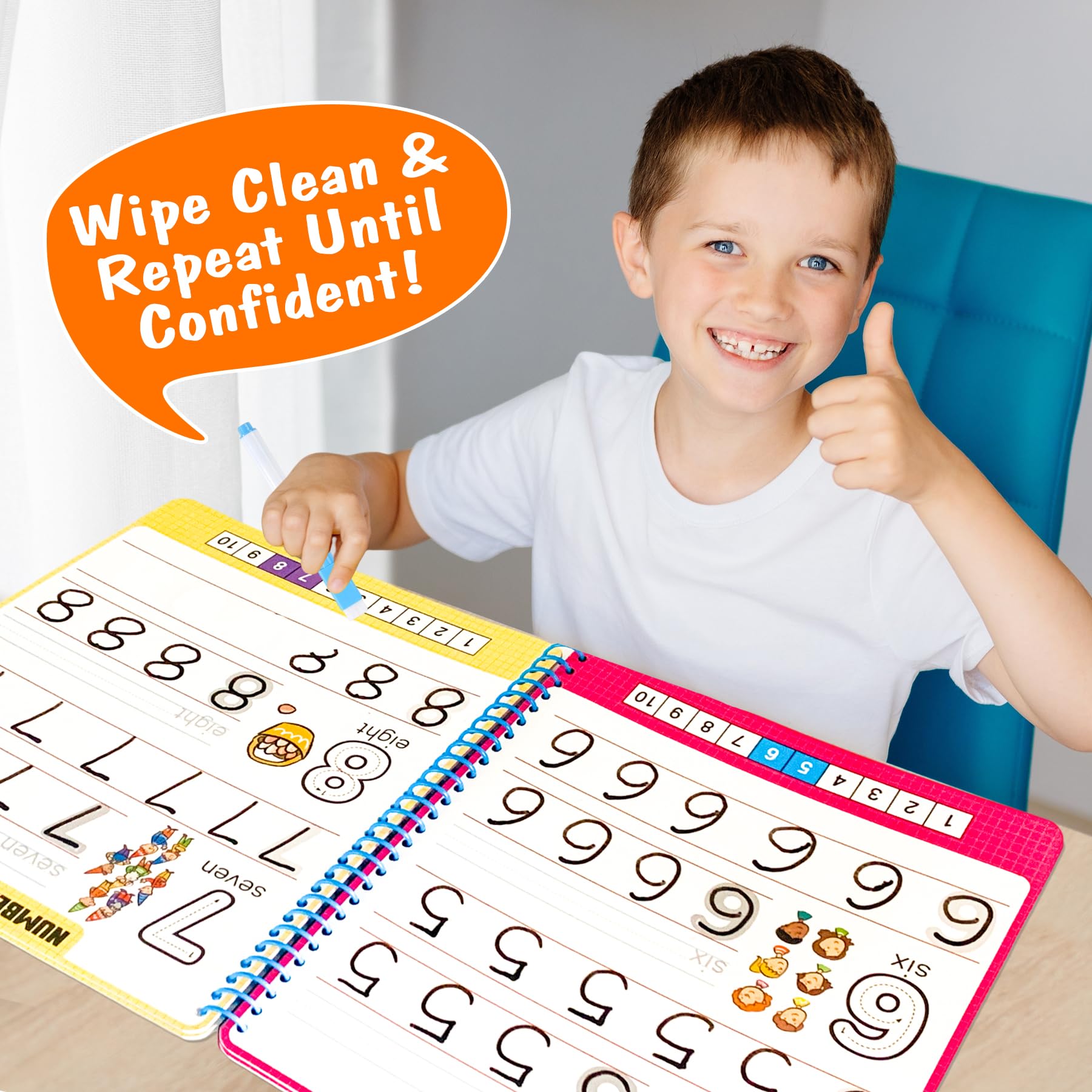 Hulupiggy kindergarten learning kit components including forty page book and eight colorful dry erase markers.