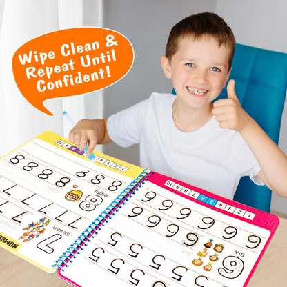 Hulupiggy kindergarten learning kit components including forty page book and eight colorful dry erase markers.