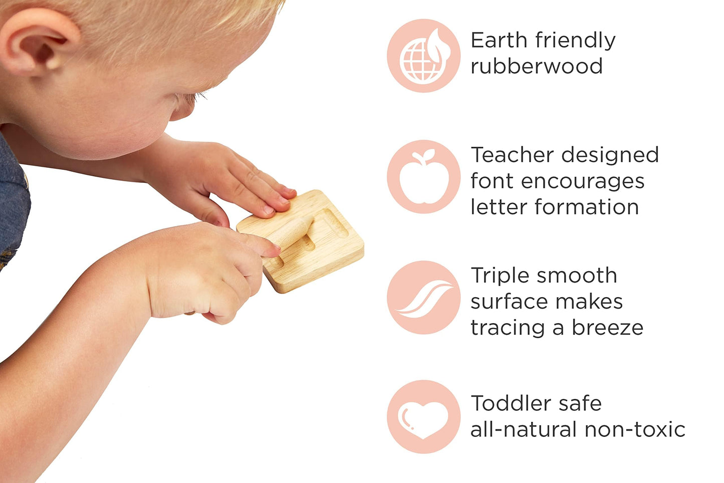 Montessori And Me premium hardwood letter tiles displaying lowercase engravings for preschool handwriting practice.