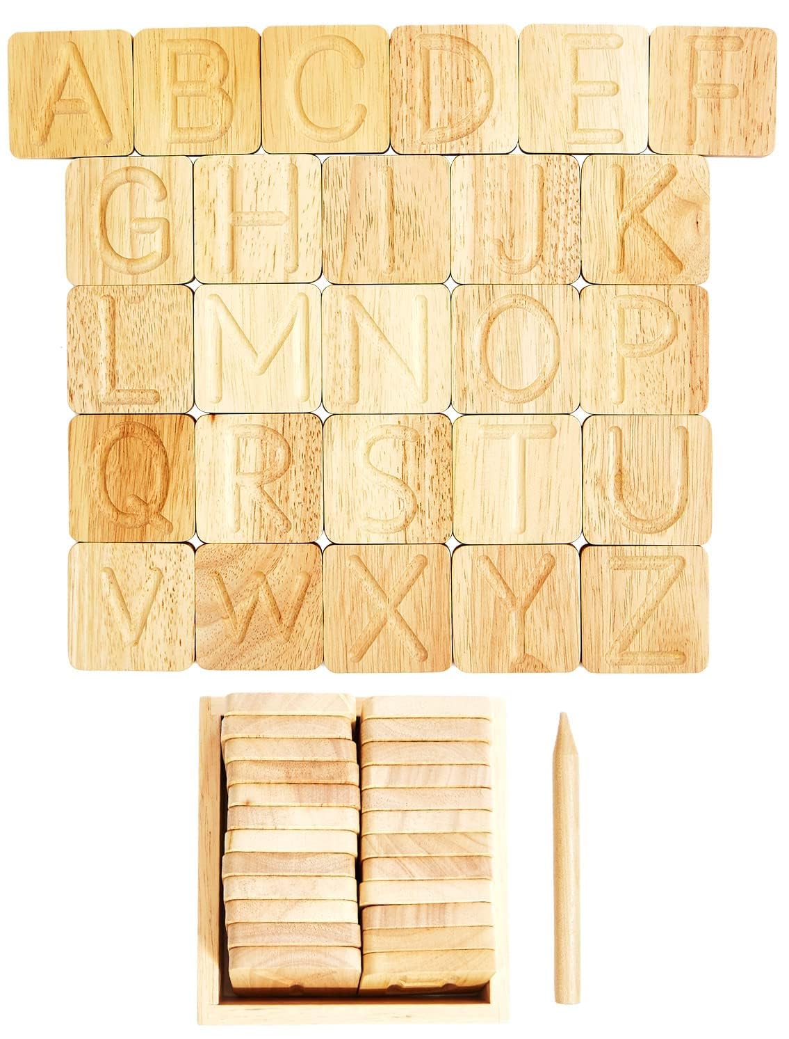 Sustainably sourced wooden ABC tracing blocks with smooth rounded edges in a premium wooden storage box.