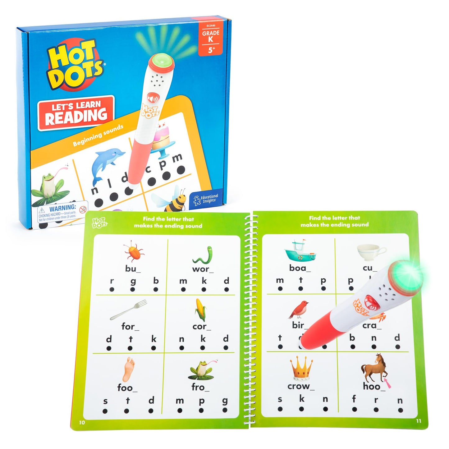 Child using the electronic talking pen on the black answer dots of the phonics activity workbook.