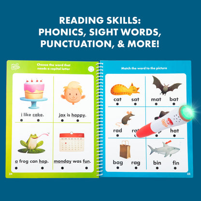 Educational Insights preschool and kindergarten homeschool kit contents including the independent learning workbook and audio pen.