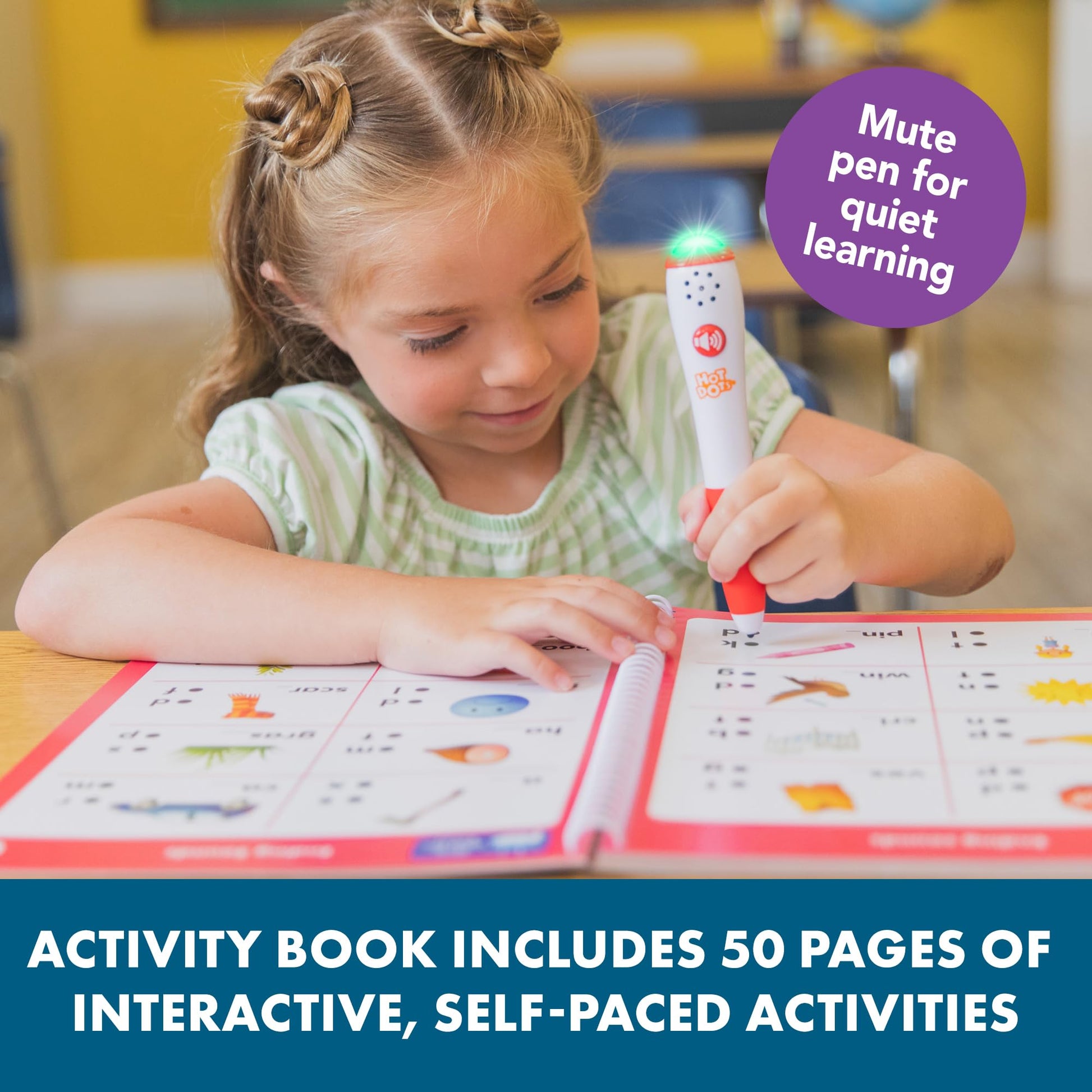 Back view of the Hot Dots educational reading toy packaging outlining foundational spelling and punctuation skills covered.
