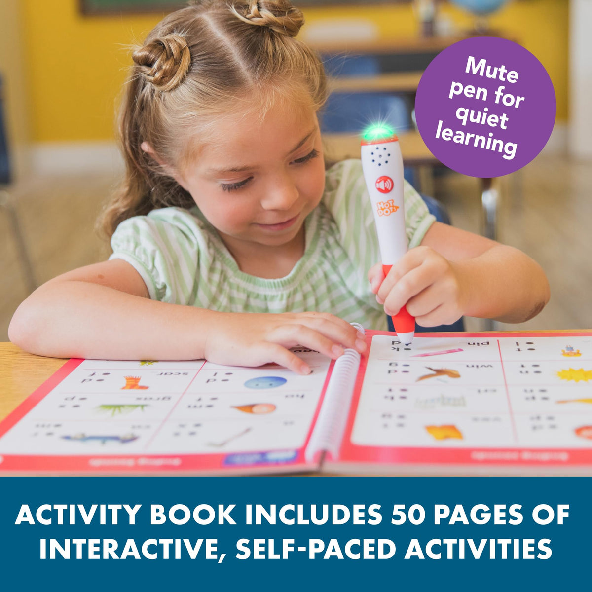 Back view of the Hot Dots educational reading toy packaging outlining foundational spelling and punctuation skills covered.