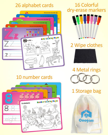 Double sided write and wipe flashcards with alphabet and number tracing guides