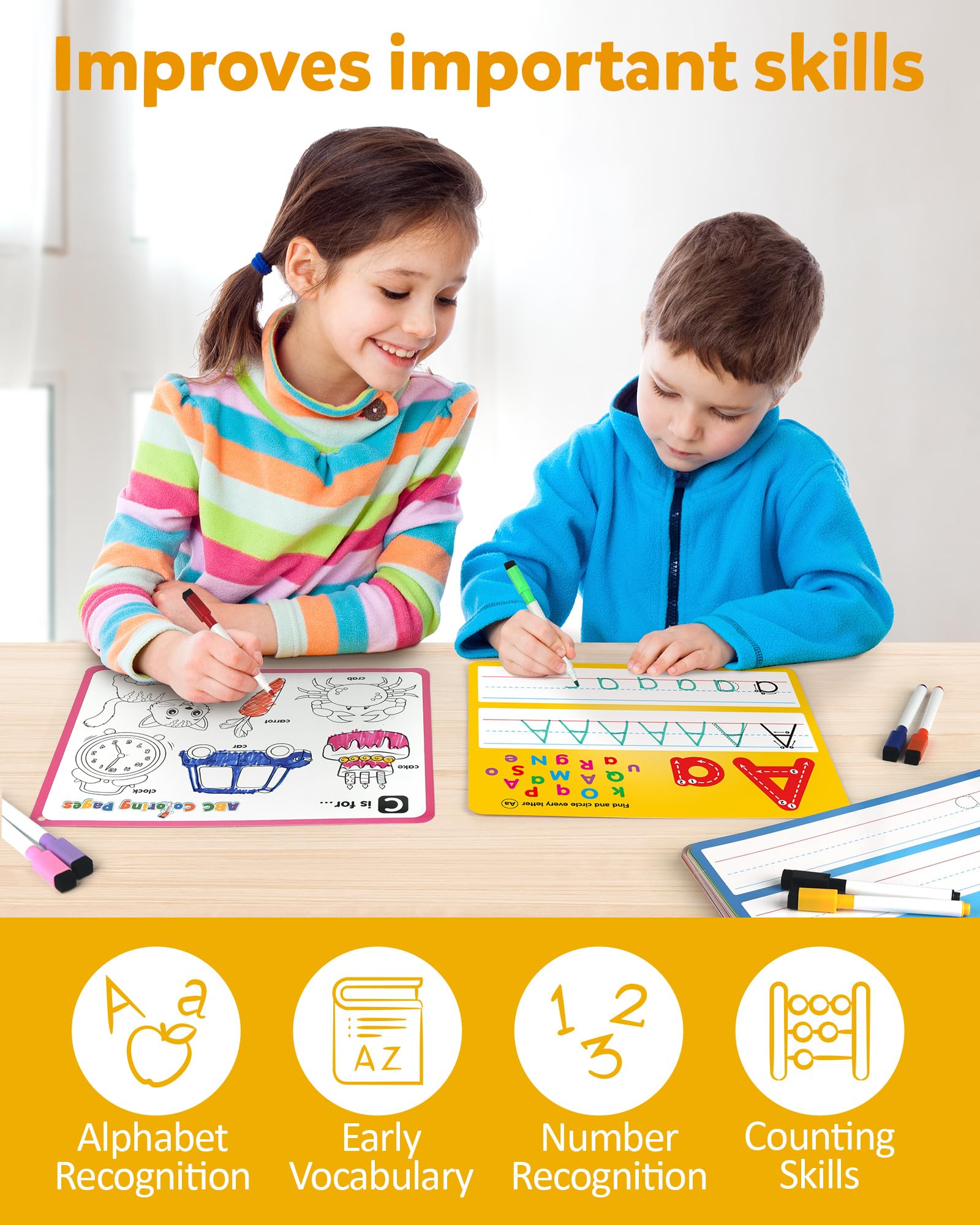 Alphabet coloring cards with illustrations and vocabulary building activities for toddlers