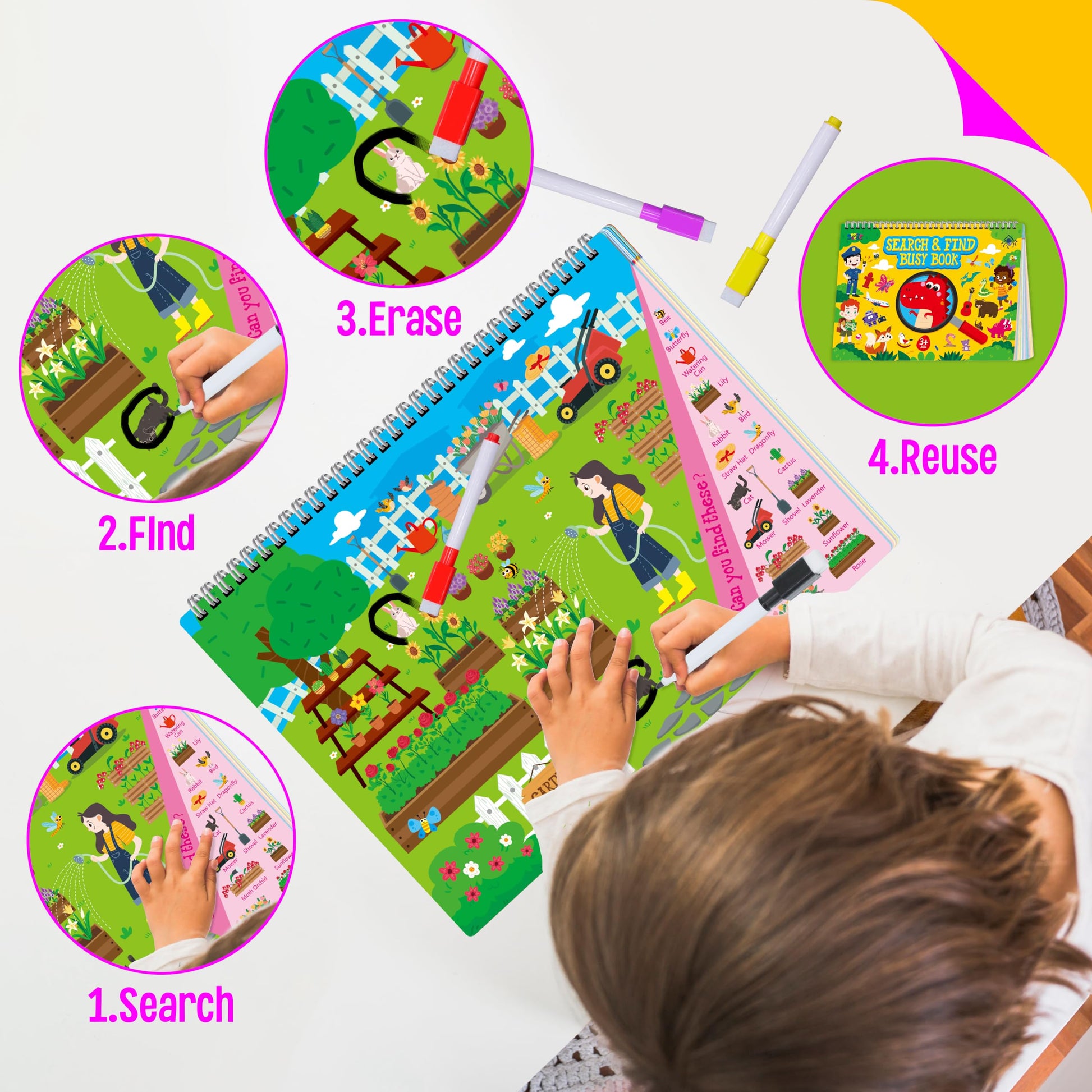 SpriteGru preschool activity book with dry erase markers and convenient travel storage bag.