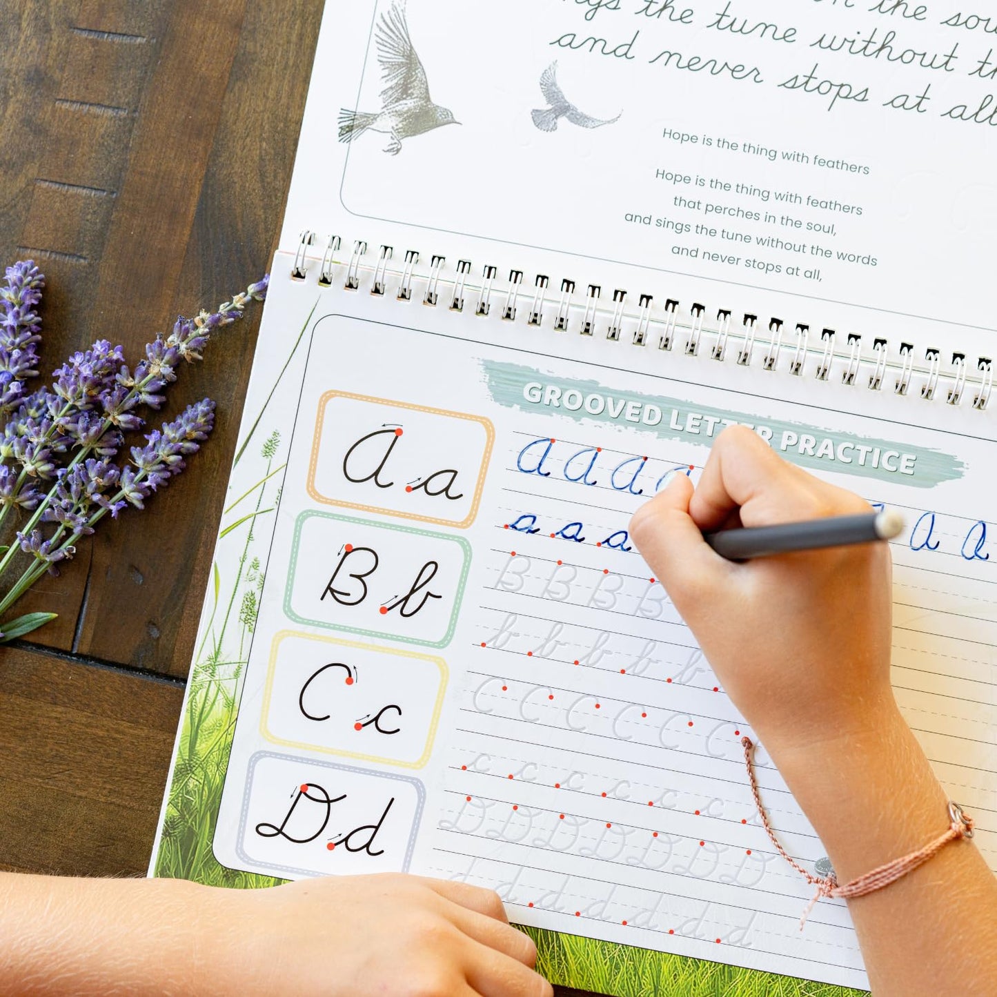 Demonstration of the disappearing ink fading away on the grooved poetry handwriting pages.