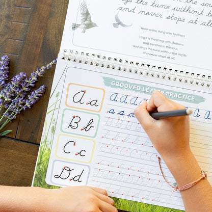Demonstration of the disappearing ink fading away on the grooved poetry handwriting pages.