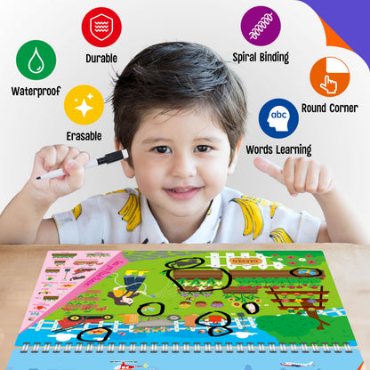SpriteGru reusable busy book highlighting the write and erase feature with markers.