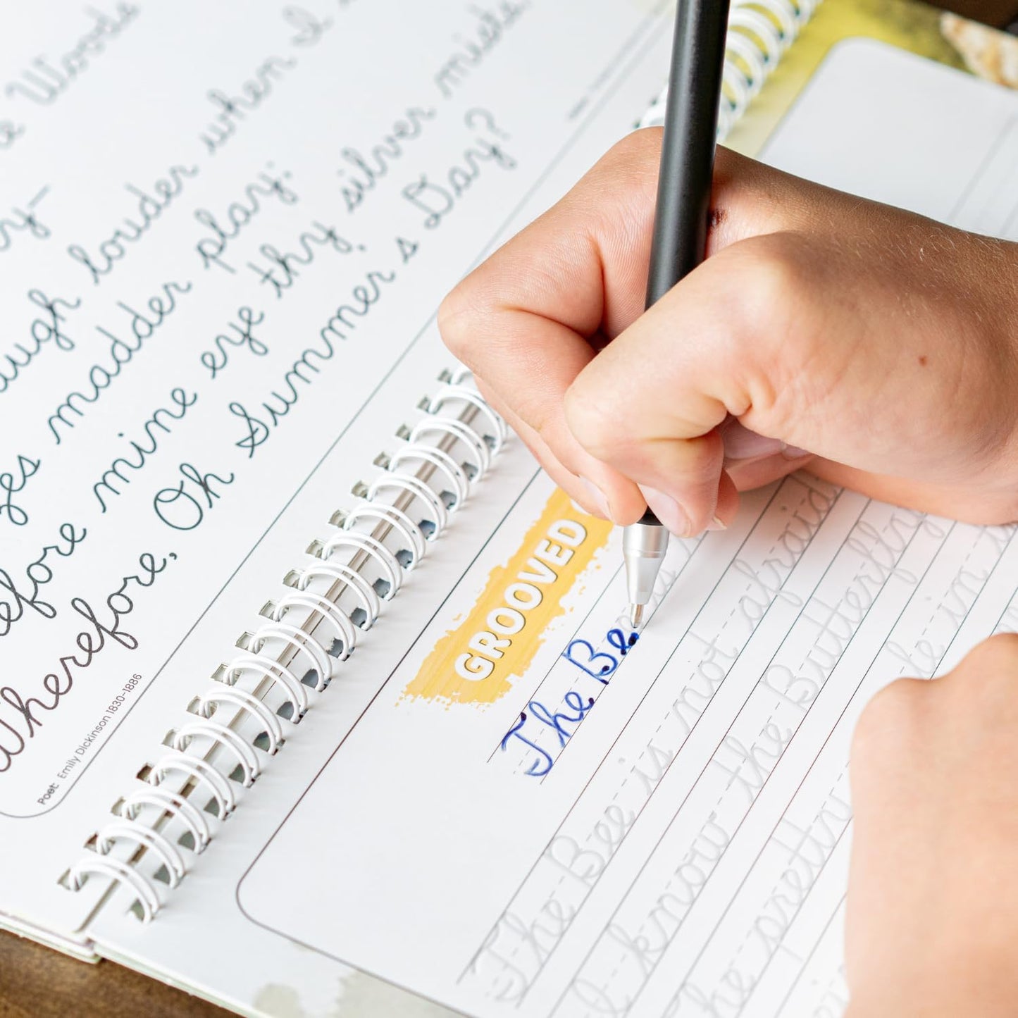 Detail view of the historical poetry text printed inside the children's cursive training workbook.
