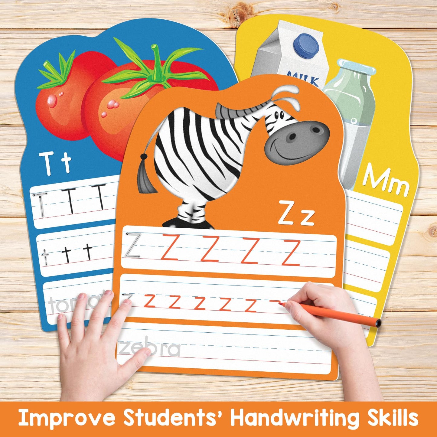 Auchq educational handwriting cards showing large dry erase pages with colorful animal illustrations for letter association.