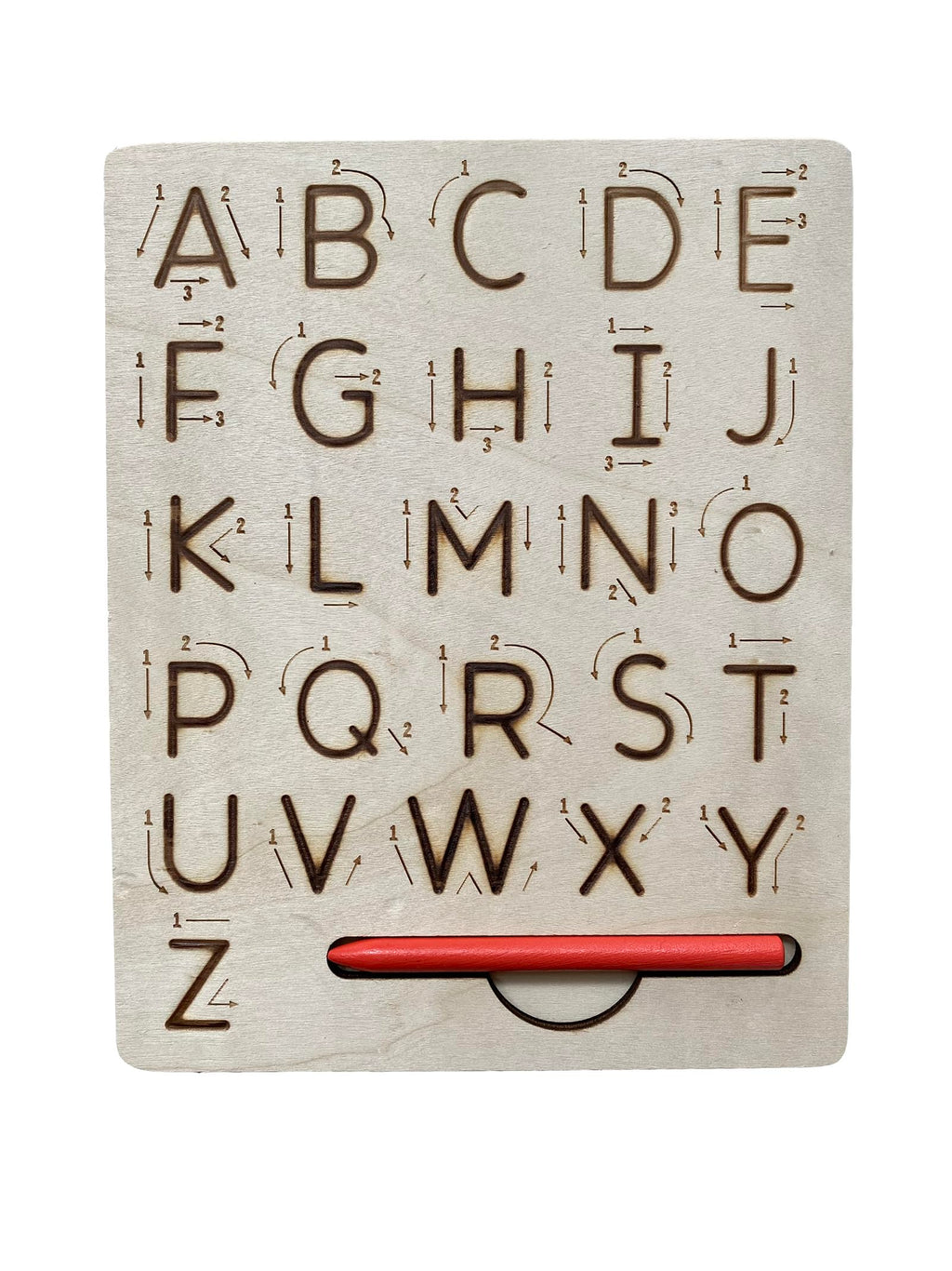 Toddler practicing pencil grip and alphabet formation using the wooden stylus on the grooved board