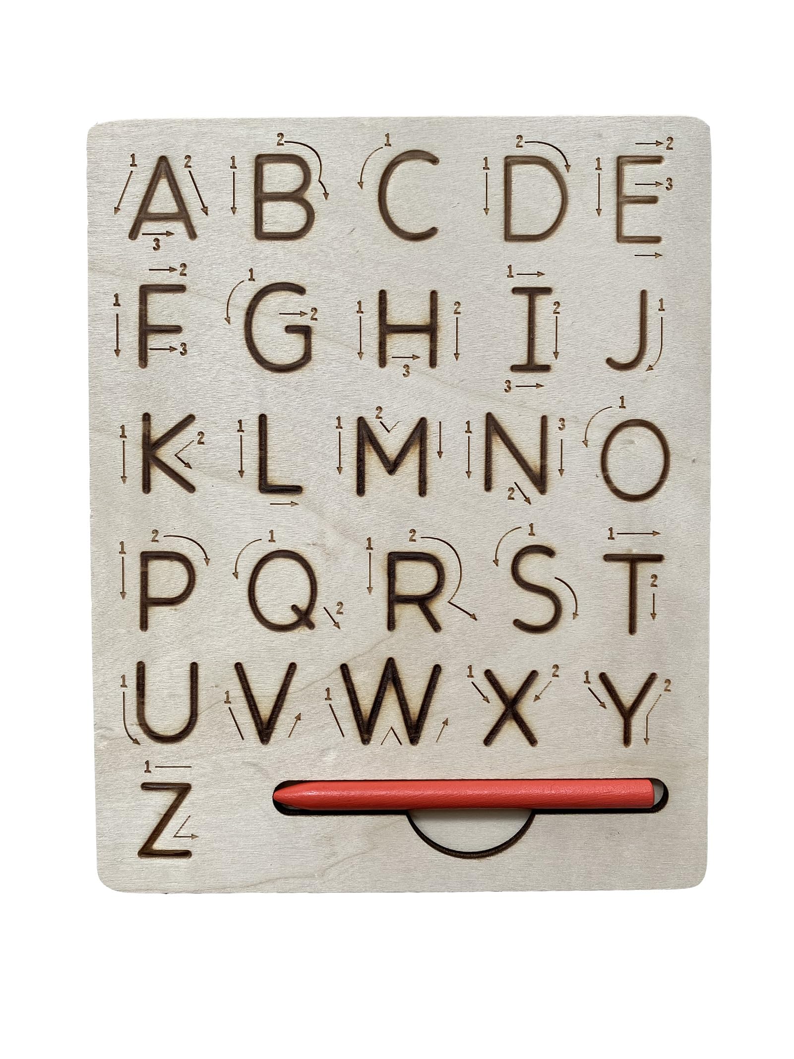 Toddler practicing pencil grip and alphabet formation using the wooden stylus on the grooved board