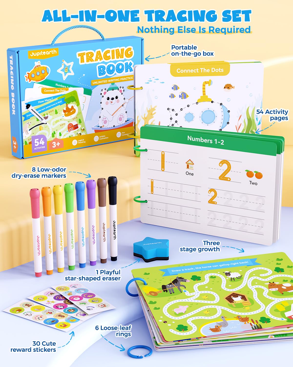 Open layout of the Jupitearth handwriting practice kindergarten workbook with colorful dry erase marker tools.
