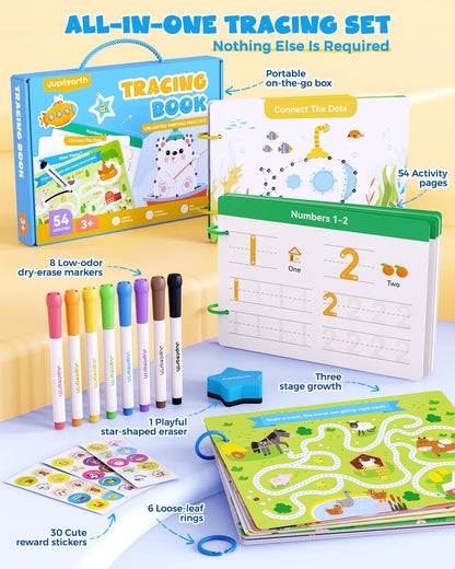 Open layout of the Jupitearth handwriting practice kindergarten workbook with colorful dry erase marker tools.