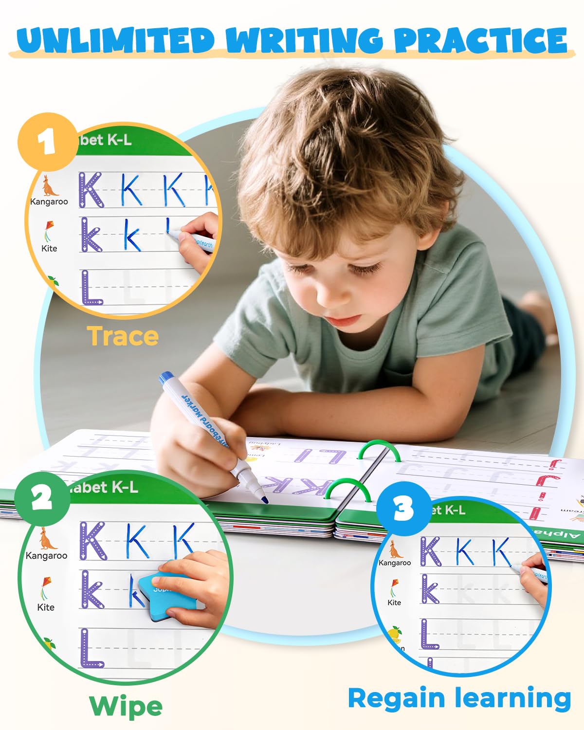 Close up view of the star shaped eraser wiping away marker ink on the preschool learning page.