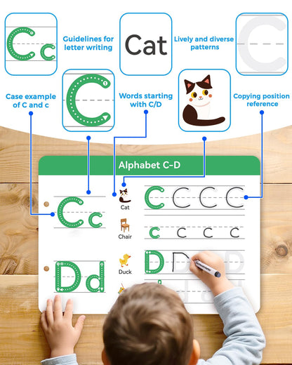 Educational tracing book letter and number formation activities divided by three learning stages.