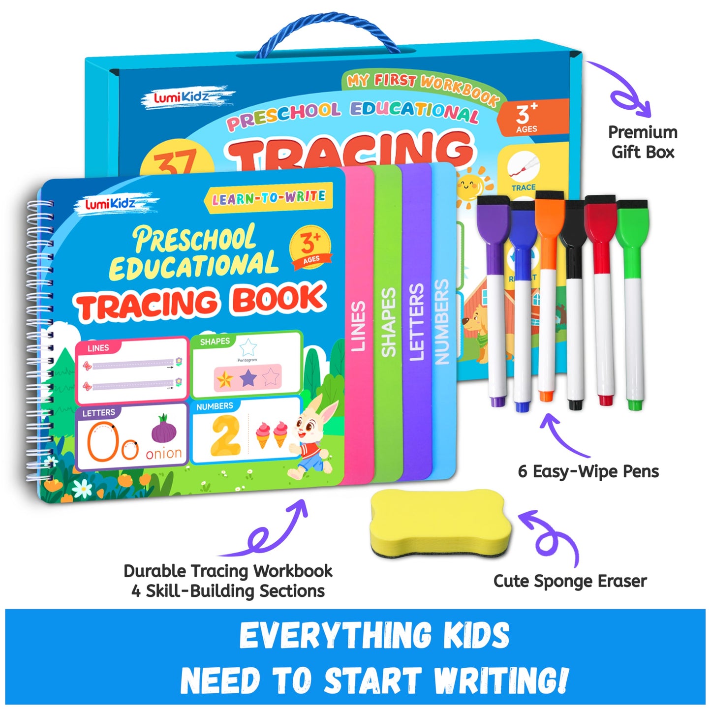 Lumikidz toddler handwriting practice workbook open page displaying alphabet letter tracing exercises with dry erase markers.