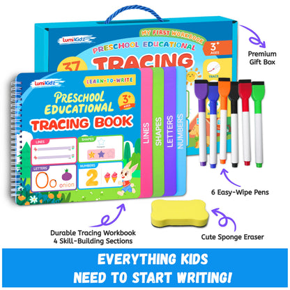 Lumikidz toddler handwriting practice workbook open page displaying alphabet letter tracing exercises with dry erase markers.