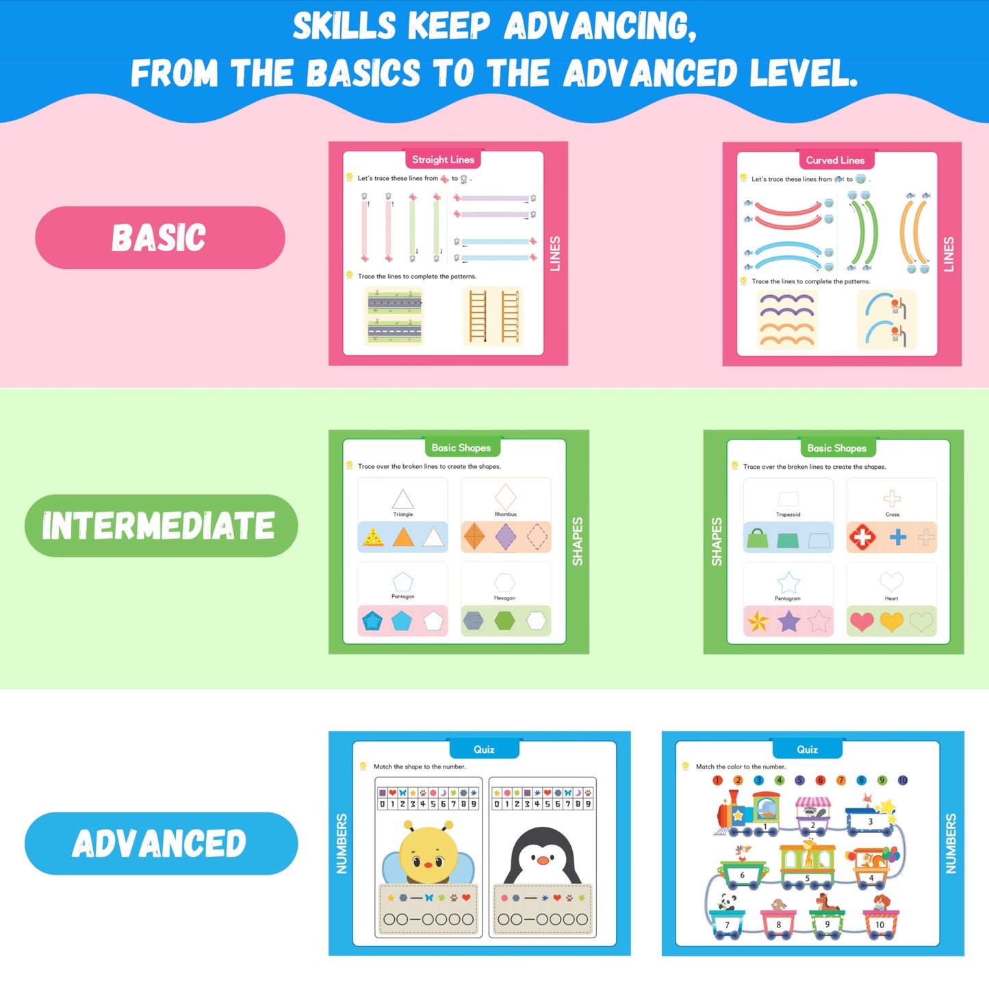 Lumikidz preschool educational kit showing six colored dry erase markers and the wipe clean activity pages.