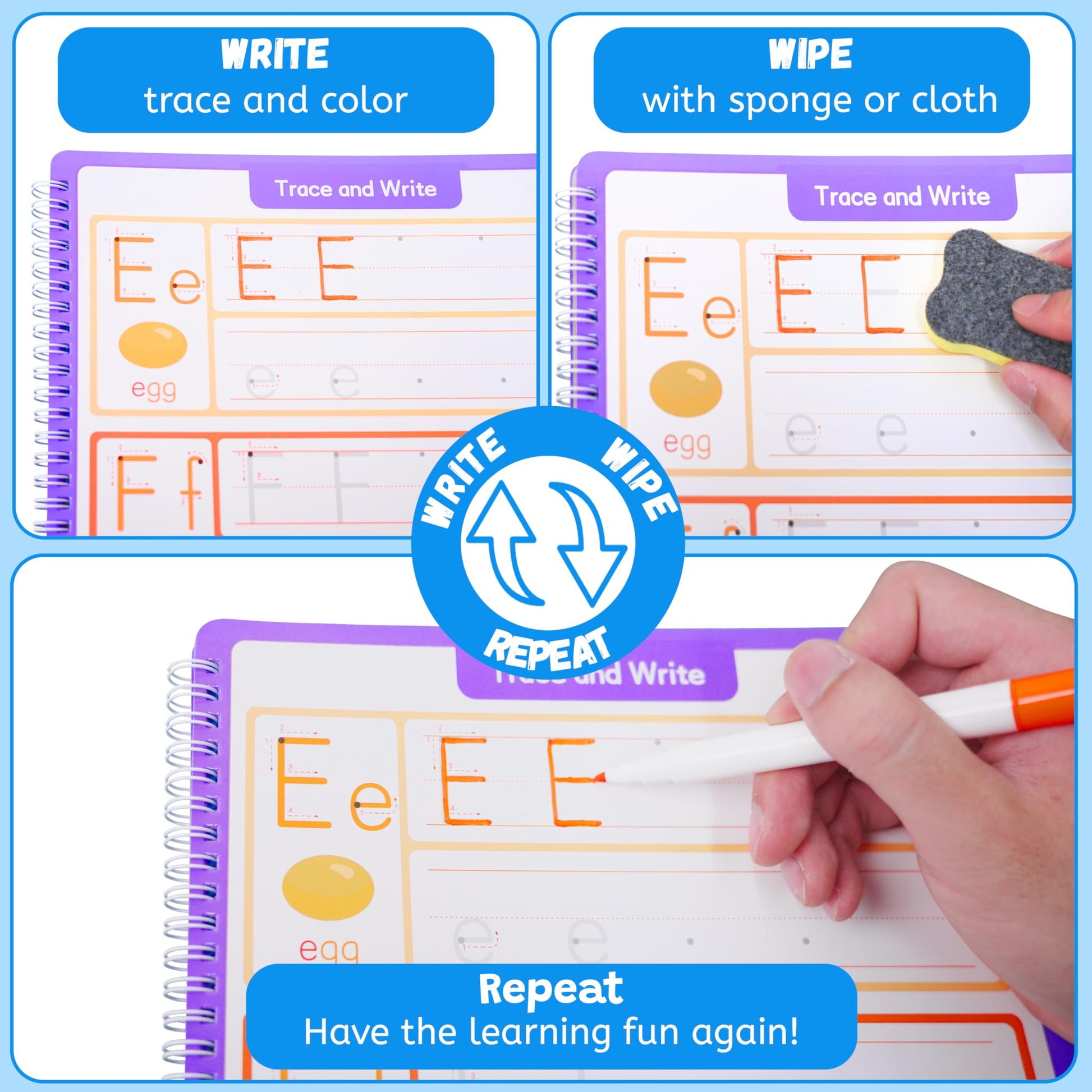 Close up view of the durable laminated pages of the Lumikidz handwriting practice book for kids.