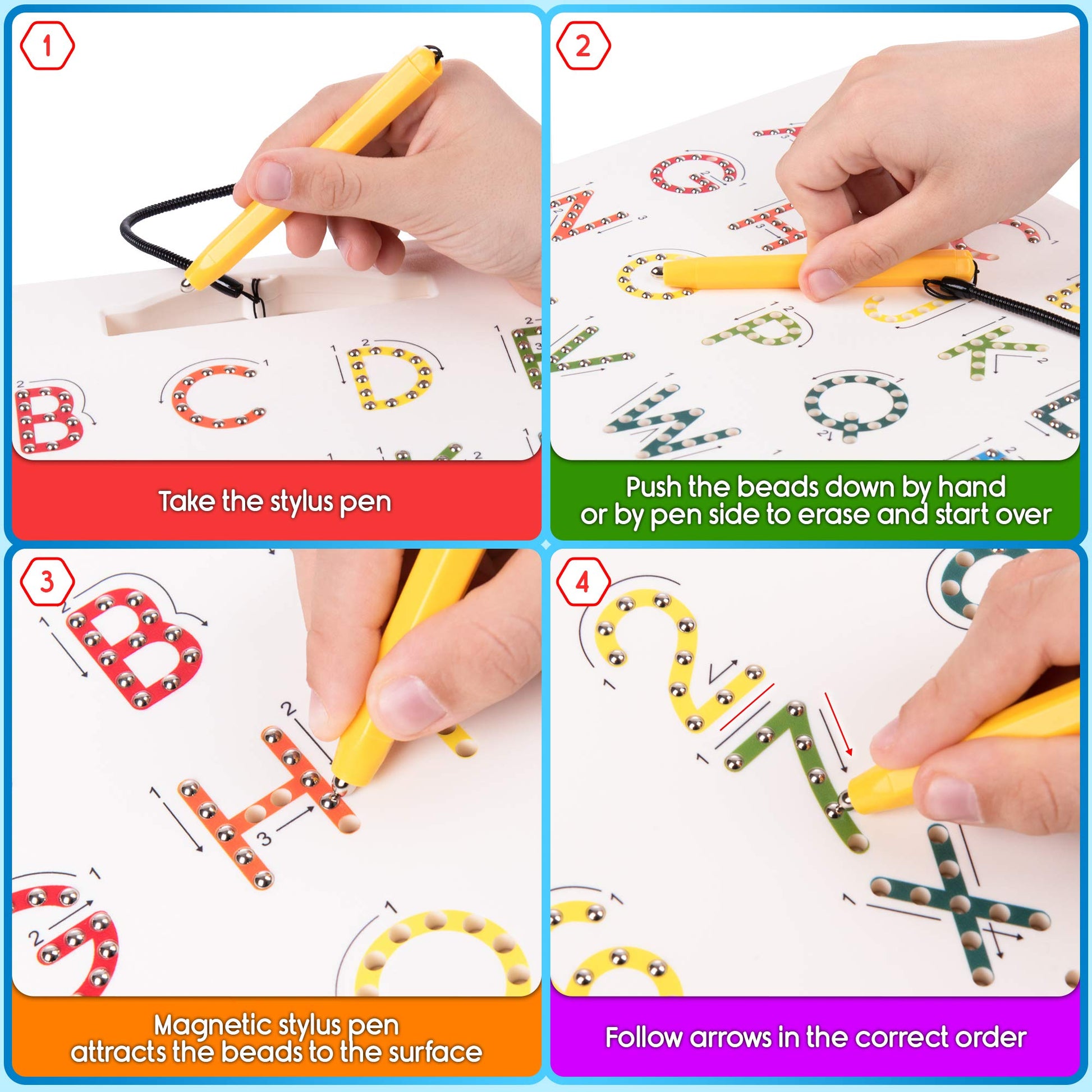 Close up of metal balls popping up inside the ABC magnets learn to write board.