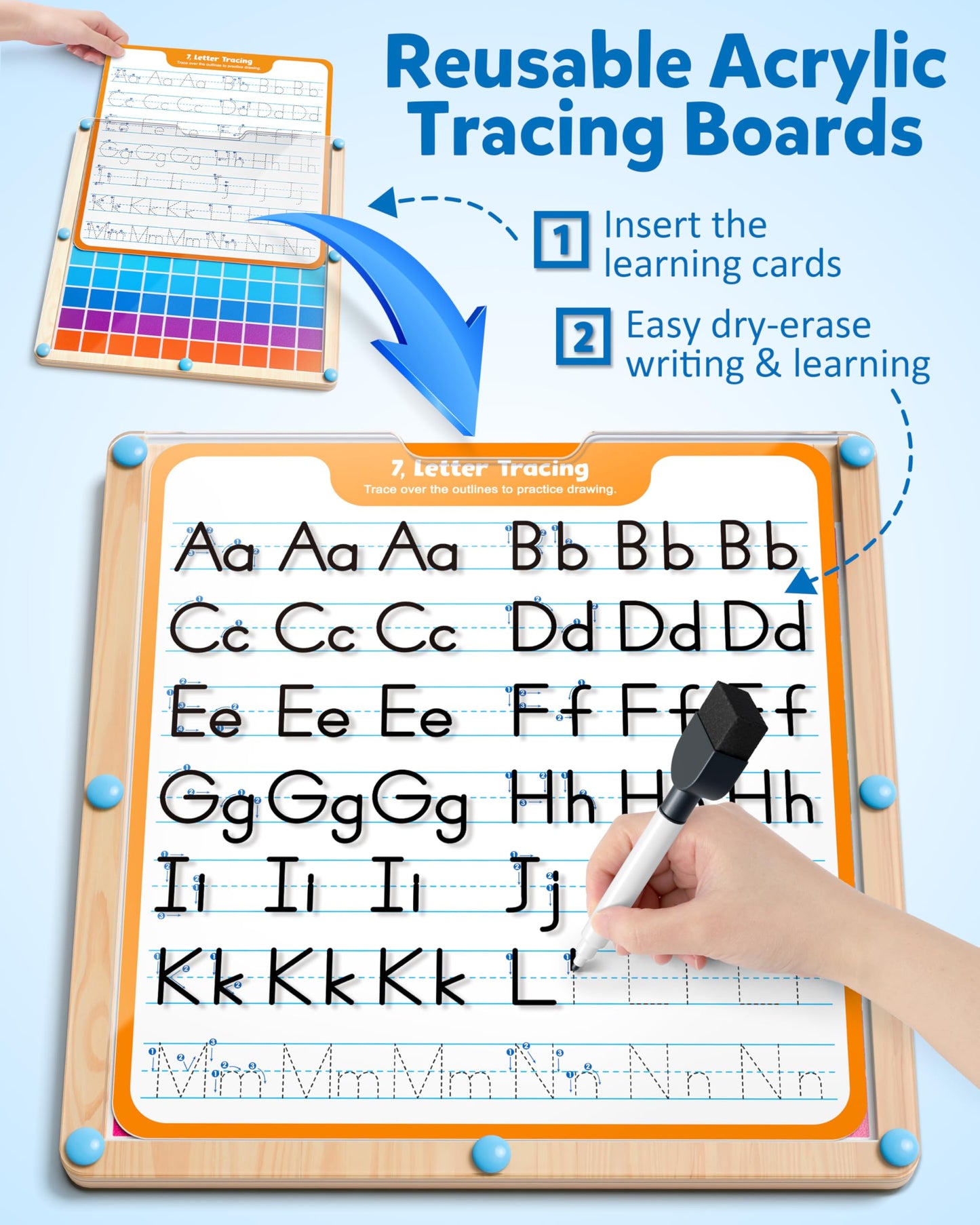 Montessori math manipulative board with colorful dry-erase markers for early childhood learning.