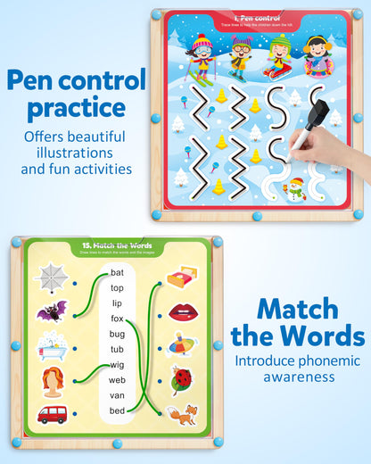 Double-sided educational activity cards displayed next to the wooden preschool writing toy.