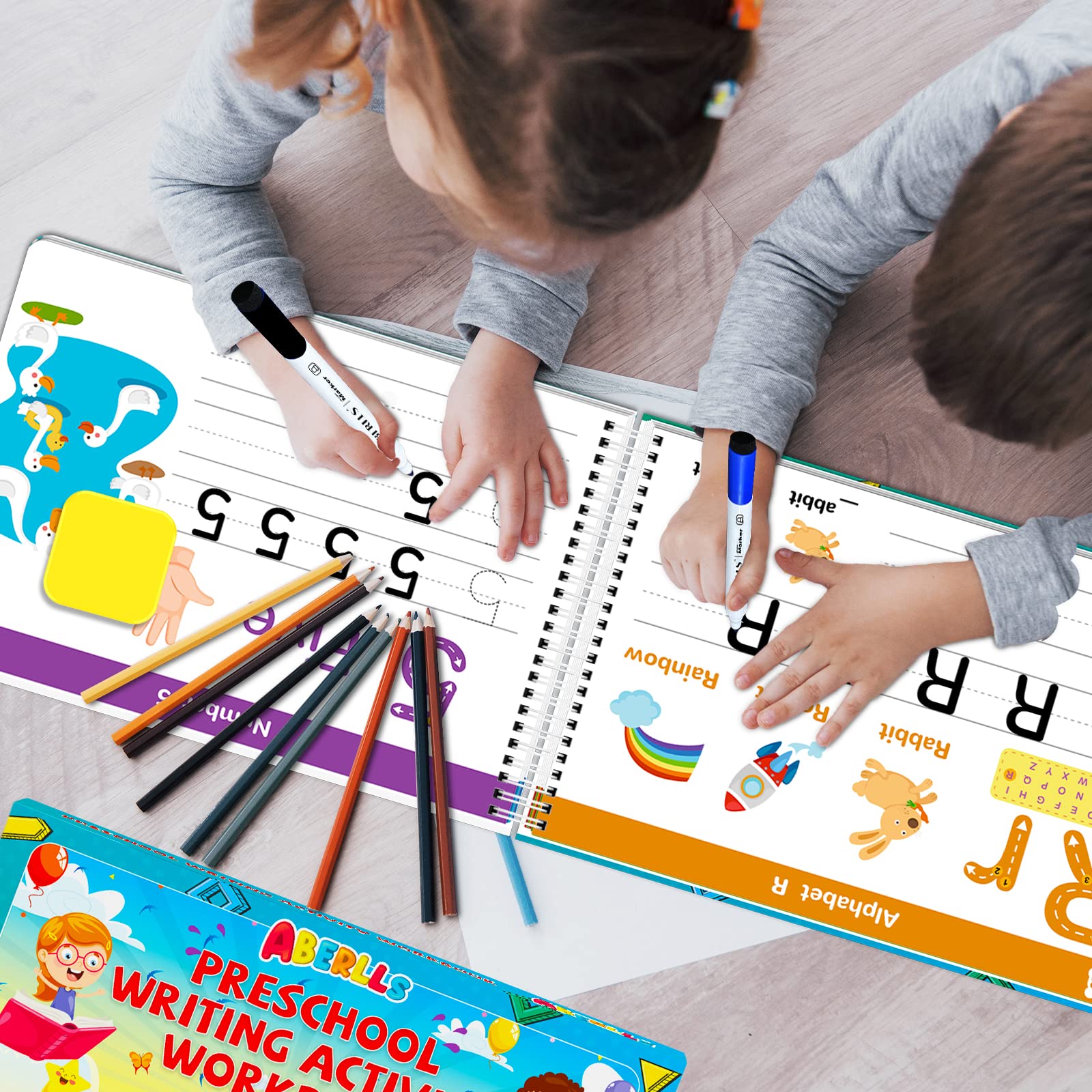ABERLLS reuseable preschool educational activity book with dry erase markers and erasers