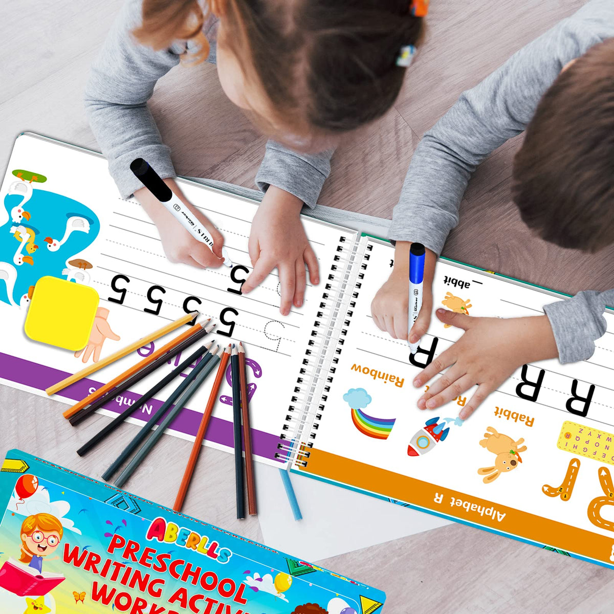 ABERLLS reuseable preschool educational activity book with dry erase markers and erasers