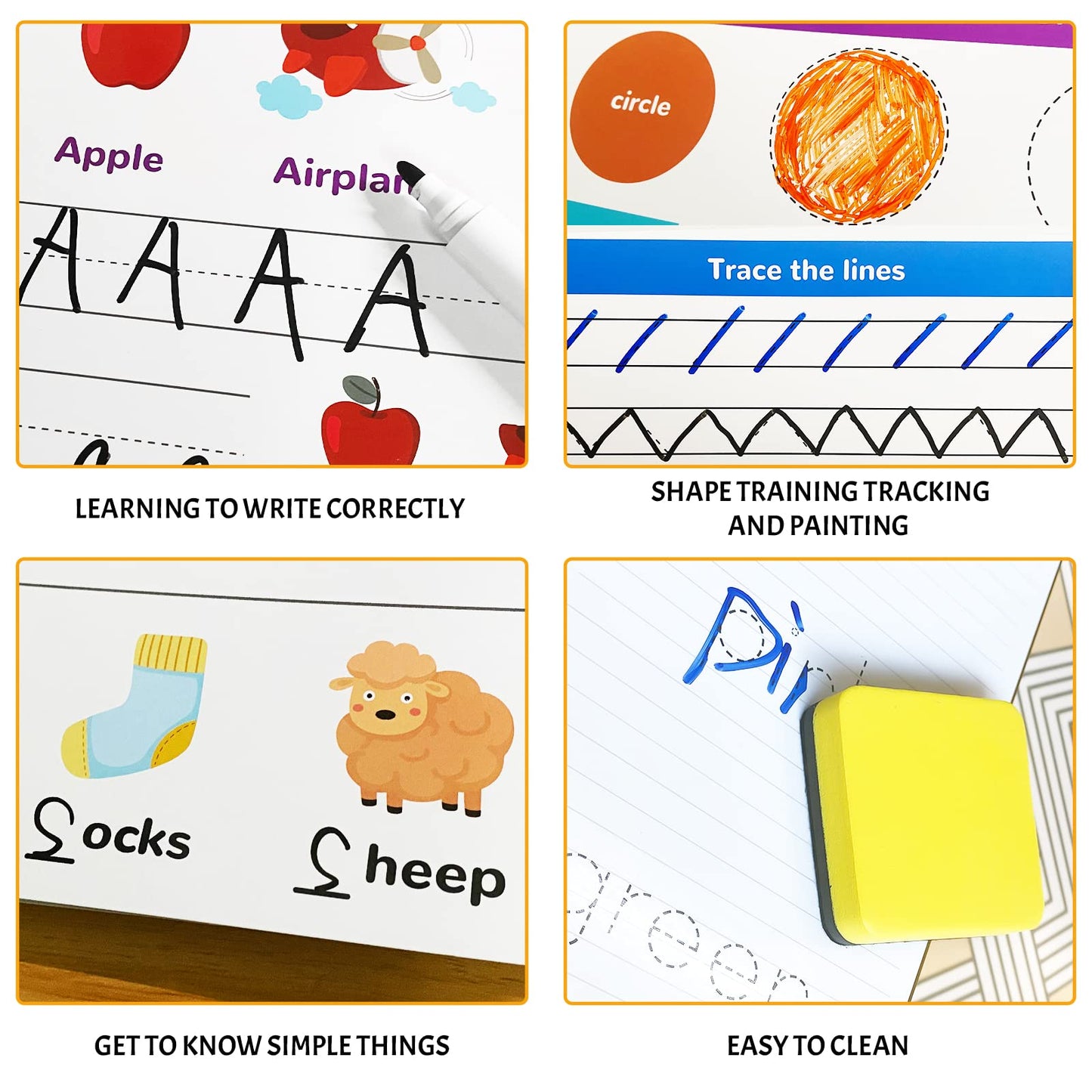 ABERLLS montessori learning workbook displaying shapes and numbers tracing layout