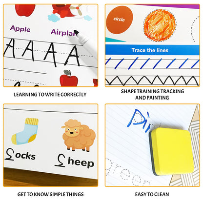 ABERLLS montessori learning workbook displaying shapes and numbers tracing layout