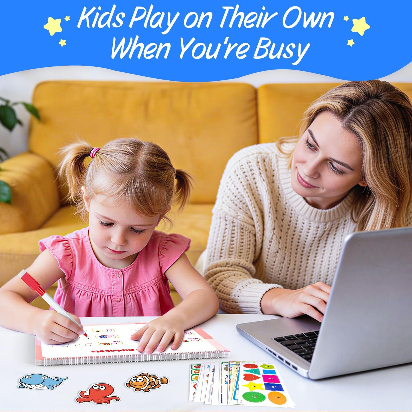 Websonaw toddler quiet binder showing the eight colored erasable pens included in the package