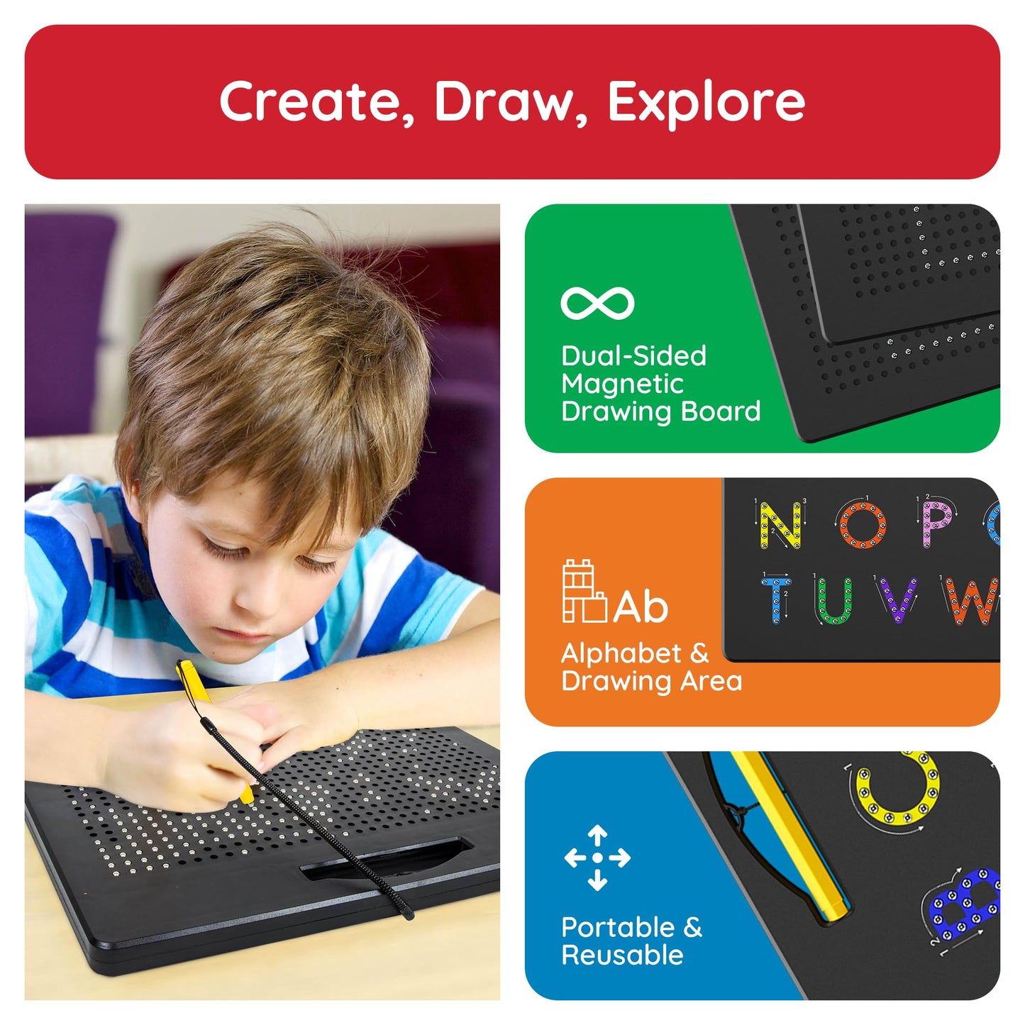 PicassoTiles PTB04 learning board tilted on its built-in forty-degree back stand on a child's study table