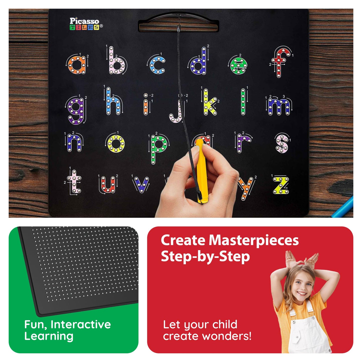 Close-up of a child using the magnetic stylus pen to trace letters on the PicassoTiles educational writing board